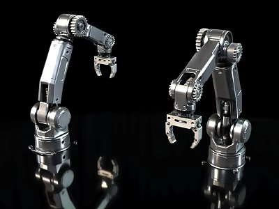 Hardware Tools Silver Mechanical Arms With Metal Clamps On Black Reflective Surface 3d model