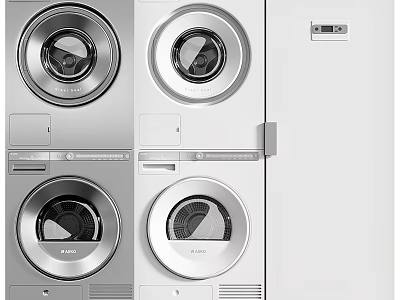 Modern Front Load Washing Machines in Silver and White with Sleek Design Finish 3d model