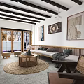 Living Room Interior With White Walls Large Screen TV Dark Beams And Wicker Furniture