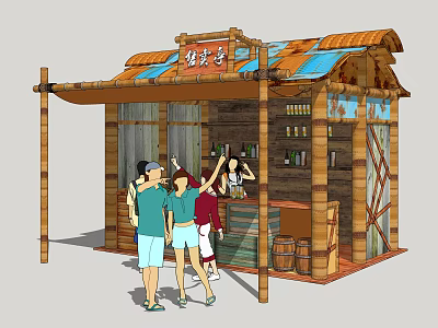 Traditional Tea Kiosk Wooden Structure Brown Blue Roof Signboard Counter Bottled Drinks And Customers 3d model