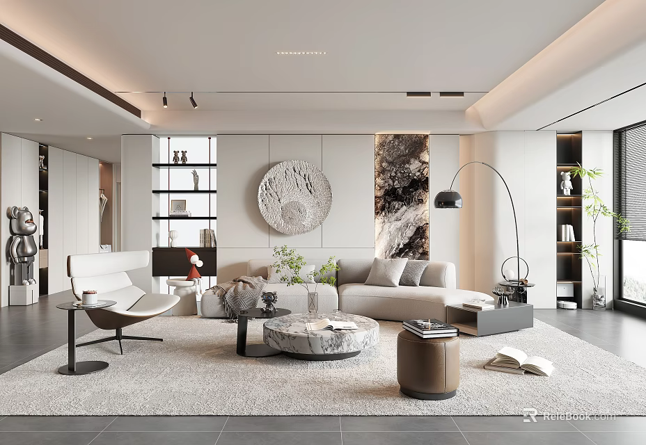 Modern Living Room Interior With Beige Sofa Round Coffee Table White Armchair Decorative Wall Art 3d model 