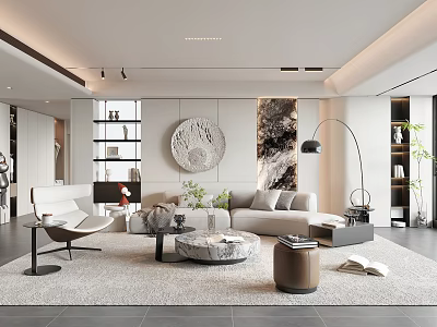 Modern Living Room Interior With Beige Sofa Round Coffee Table White Armchair Decorative Wall Art 3d model