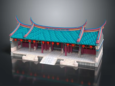 Cartoon Scene of Traditional Chinese Building With Blue Curved Roof Red Lanterns and Stone Steps 3d model