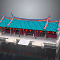 Cartoon Scene of Traditional Chinese Building With Blue Curved Roof Red Lanterns and Stone Steps