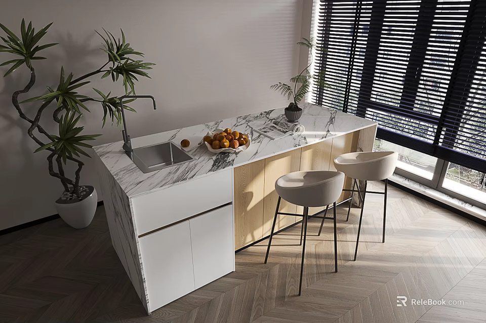 Modern Bar Counter Interior With Marble Top Bar Stools And Potted Plants 3d model 