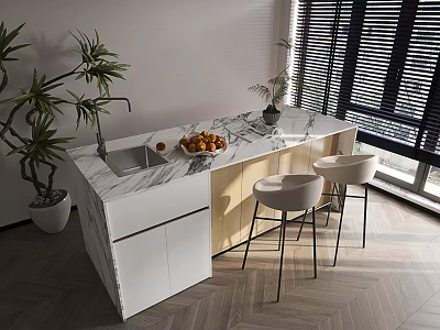 Modern Bar Counter Interior With Marble Top Bar Stools And Potted Plants 3d model