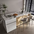 Modern Bar Counter Interior With Marble Top Bar Stools And Potted Plants