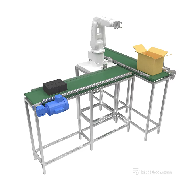 Industrial Conveyor Belt System With Robotic Arm Black Blocks And Open Cardboard Box 3d model 