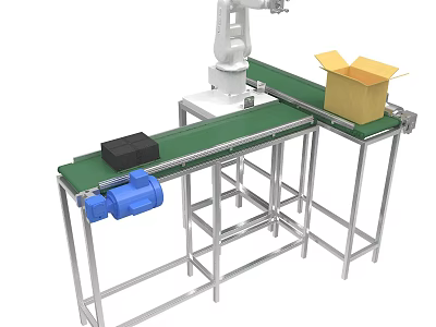 Industrial Conveyor Belt System With Robotic Arm Black Blocks And Open Cardboard Box 3d model