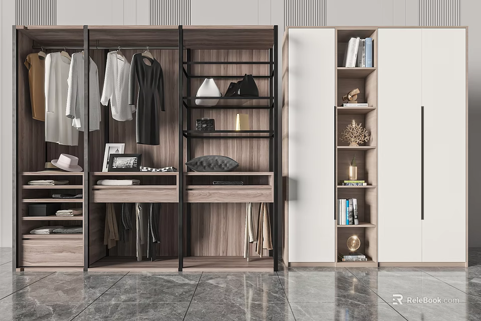 Modern Wardrobe Interior Design With Hanging Clothes Shelves Drawers Books And Decor 3d model 