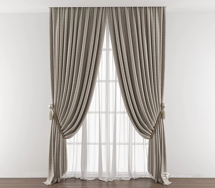 Elegant Gray Curtains With Sheer Panels And Decorative Tiebacks For Windows 3d model
