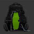 Deep Space Probe With Black Cylindrical Body Green Panel And Blue Cables For Cosmic Exploration