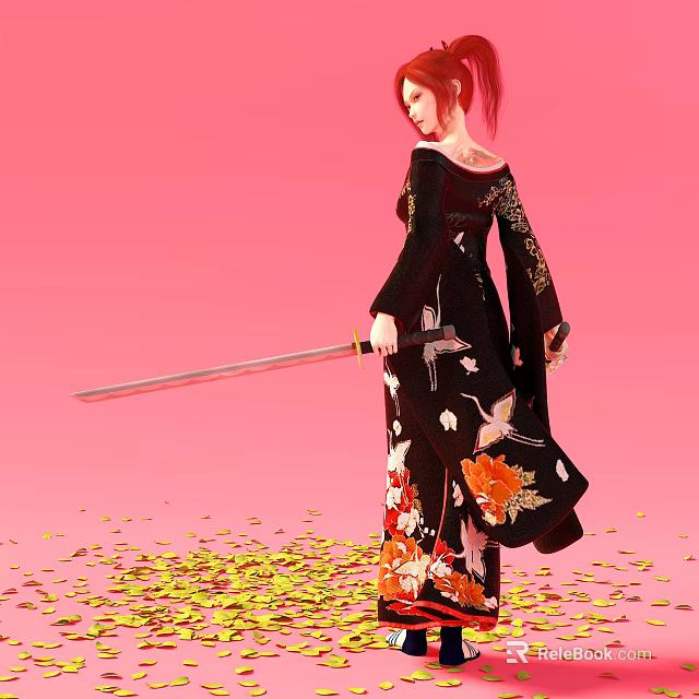 Game Movie Character Red Hair Black Kimono Crane Floral Patterns Sword Pink Background Gold Confetti 3d model 