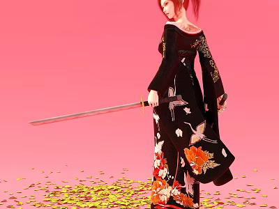 Game Movie Character Red Hair Black Kimono Crane Floral Patterns Sword Pink Background Gold Confetti 3d model