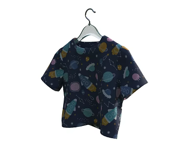 Dark Blue Cropped Short Sleeve Top With Space Themed Planets And Rockets On Hanger 3d model