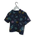 Dark Blue Cropped Short Sleeve Top With Space Themed Planets And Rockets On Hanger
