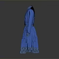 Elegant Blue Dress With Stand Collar Long Sleeves Belted Waist And Lace Trim Hem