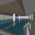 Modern Swimming Pool Interior With Blue Water Lane Dividers Large Windows And Linear Ceiling Lights