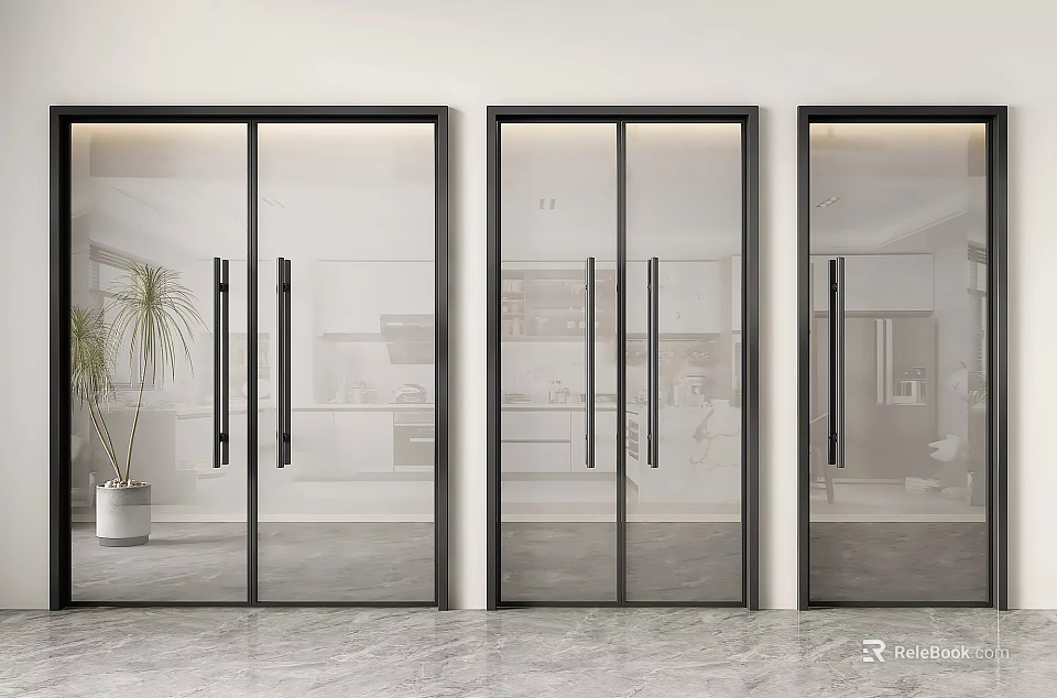 Modern Glass Double Doors With Black Frames In Interior Space Design 3d model 