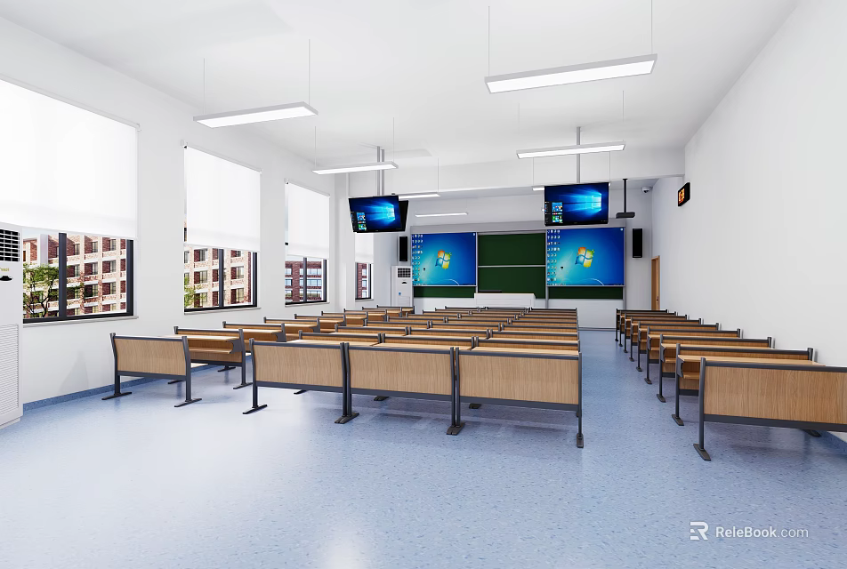 Modern School Classroom With Neat Desks Blackboard TV Screens And Bright Windows 3d model 