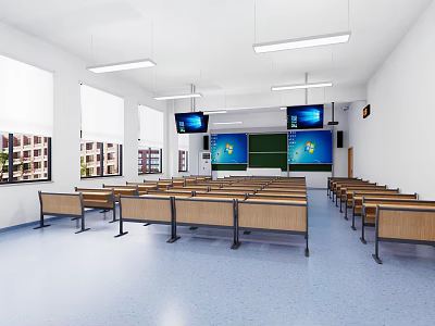 Modern School Classroom With Neat Desks Blackboard TV Screens And Bright Windows 3d model