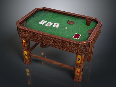 Wooden Carved Poker Table With Green Felt Surface And Playing Cards Chips Cup 3d model