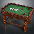 Wooden Carved Poker Table With Green Felt Surface And Playing Cards Chips Cup