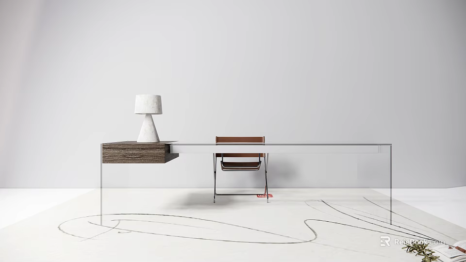 Modern Glass Desk With Wooden Drawer Brown Chair And White Table Lamp 3d model 