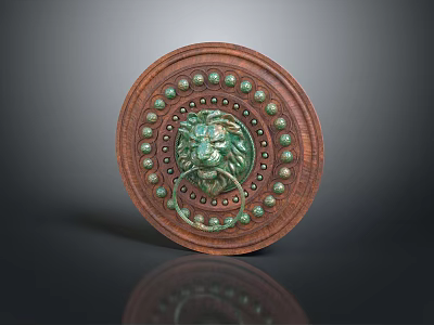 Scenic View Of Circular Wooden Door Knocker With Lion Head Bronze Ornament And Green Dots 3d model