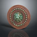 Scenic View Of Circular Wooden Door Knocker With Lion Head Bronze Ornament And Green Dots