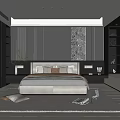 Modern Bedroom Interior With Dark Wardrobe Textured Wall Area Rug And Decorative Painting