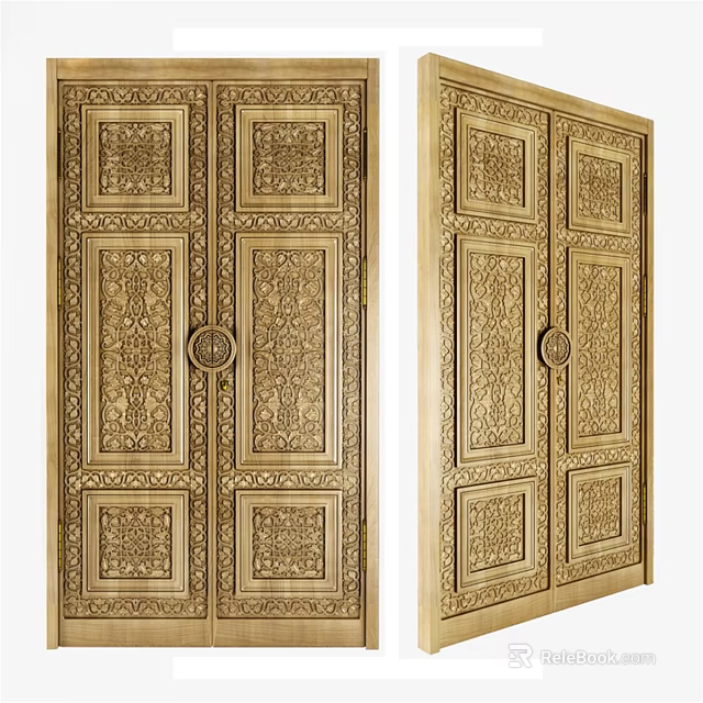 Ornate Carved Wooden Swing Doors With Intricate Patterns And Decorative Panels 3d model 