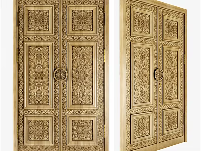Ornate Carved Wooden Swing Doors With Intricate Patterns And Decorative Panels 3d model