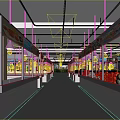 Supermarket Interior With Fresh Meat Fruits Vegetables Aisles Advertising Screens And Customers Shopping