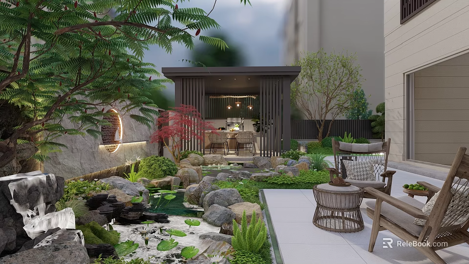 Courtyard Water Fountain with Stones Green Plants and Wooden Leisure Seats 3d model 