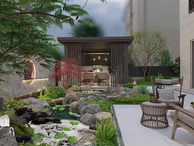 Courtyard Water Fountain with Stones Green Plants and Wooden Leisure Seats 3d model