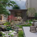 Courtyard Water Fountain with Stones Green Plants and Wooden Leisure Seats