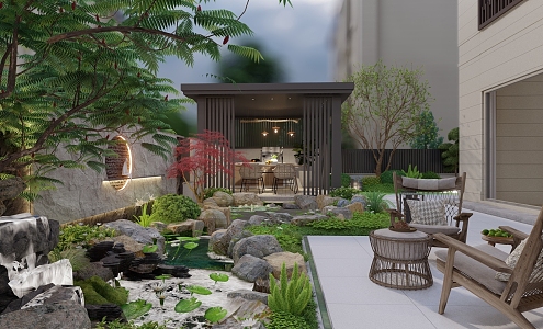 Modern natural wind garden courtyard landscape wall pavilion ecological fish pond pavilion porch flower stand 3d model