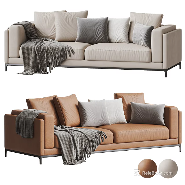 Modern Beige And Brown Two Seater Sofa With Pillows And Cozy Blanket 3d model 