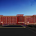 Multi Story School Building With Red Yellow Facade Basketball Court Students Playing Under Blue Sky