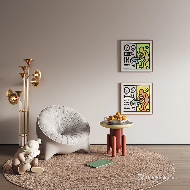 Shell Shaped Single Sofa with Gold Floor Lamp Wall Art and Side Table 3d model 