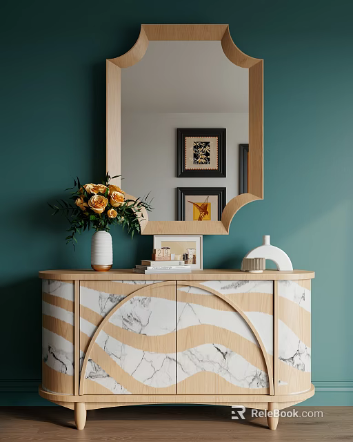 Wooden Console Table With Marble Top And Vase Flowers Mirror Framed Pictures Decorative Items 3d model 