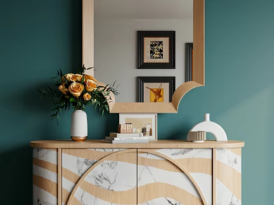 Wooden Console Table With Marble Top And Vase Flowers Mirror Framed Pictures Decorative Items 3d model