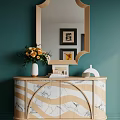 Wooden Console Table With Marble Top And Vase Flowers Mirror Framed Pictures Decorative Items