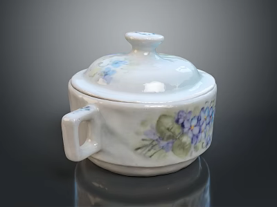 Ceramic Household Living Utensil With Lid Handle And Blue Purple Floral Design 3d model
