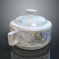 Ceramic Household Living Utensil With Lid Handle And Blue Purple Floral Design