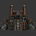 Futuristic Architecture with Multiple Towers Orange and Black Accents Intricate Mechanical Structure