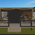 Container Building Design with Wooden Exterior Outdoor Deck Railings Steps Trees and Interior Tables Chairs