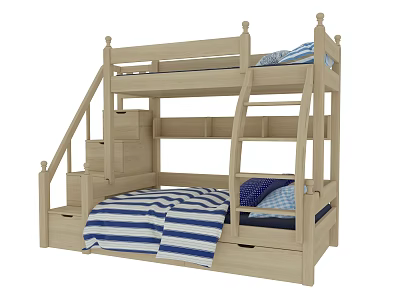 Wooden Bunk Bed With Ladder Storage Drawers And Striped Bedding For Kids Room 3d model