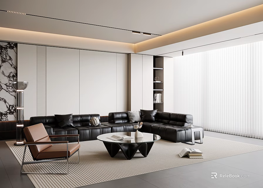 Modern Living Room Interior With Black Leather Sofa Brown Armchair Coffee Table And Large Windows 3d model 